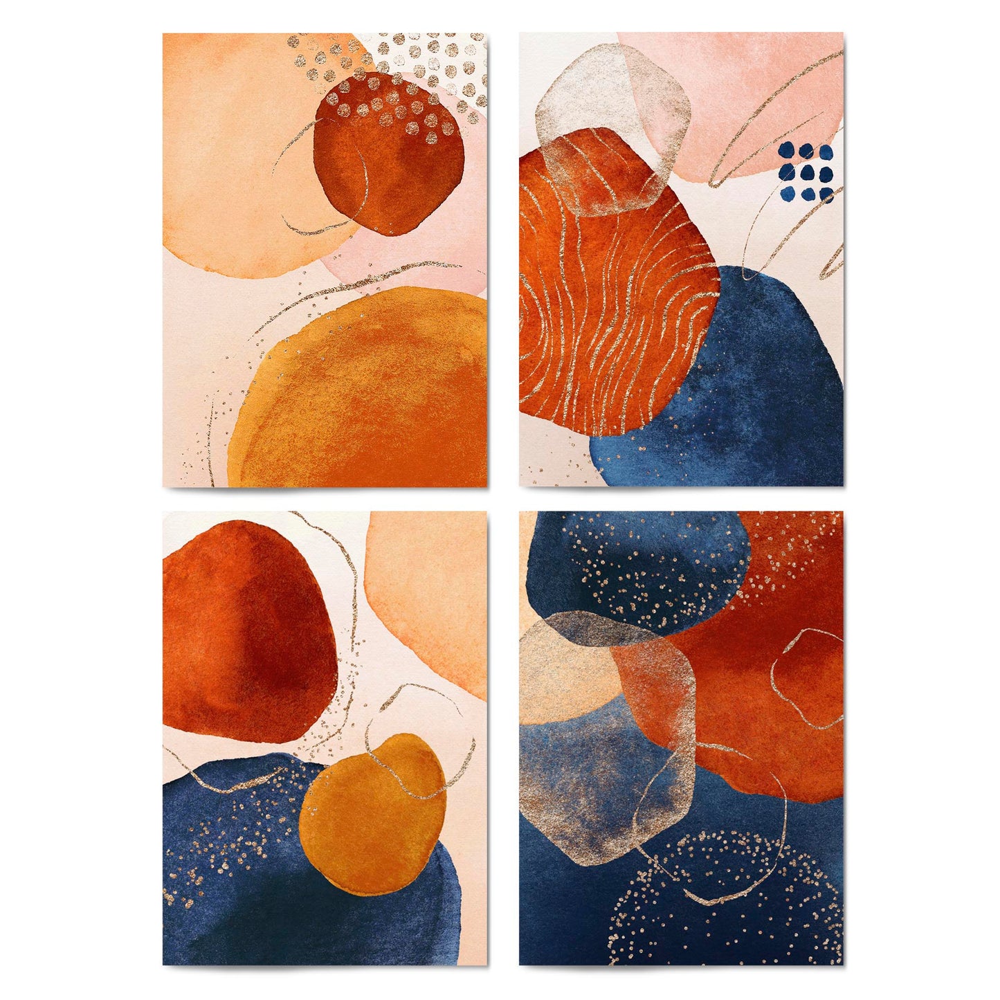 Set of 4 Abstract Blue, Peach and Orange Painting Wall Art - The Affordable Art Company