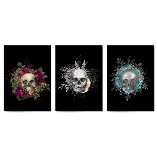 Set of Dark Floral Skull Fashion & Flowers Wall Art - The Affordable Art Company