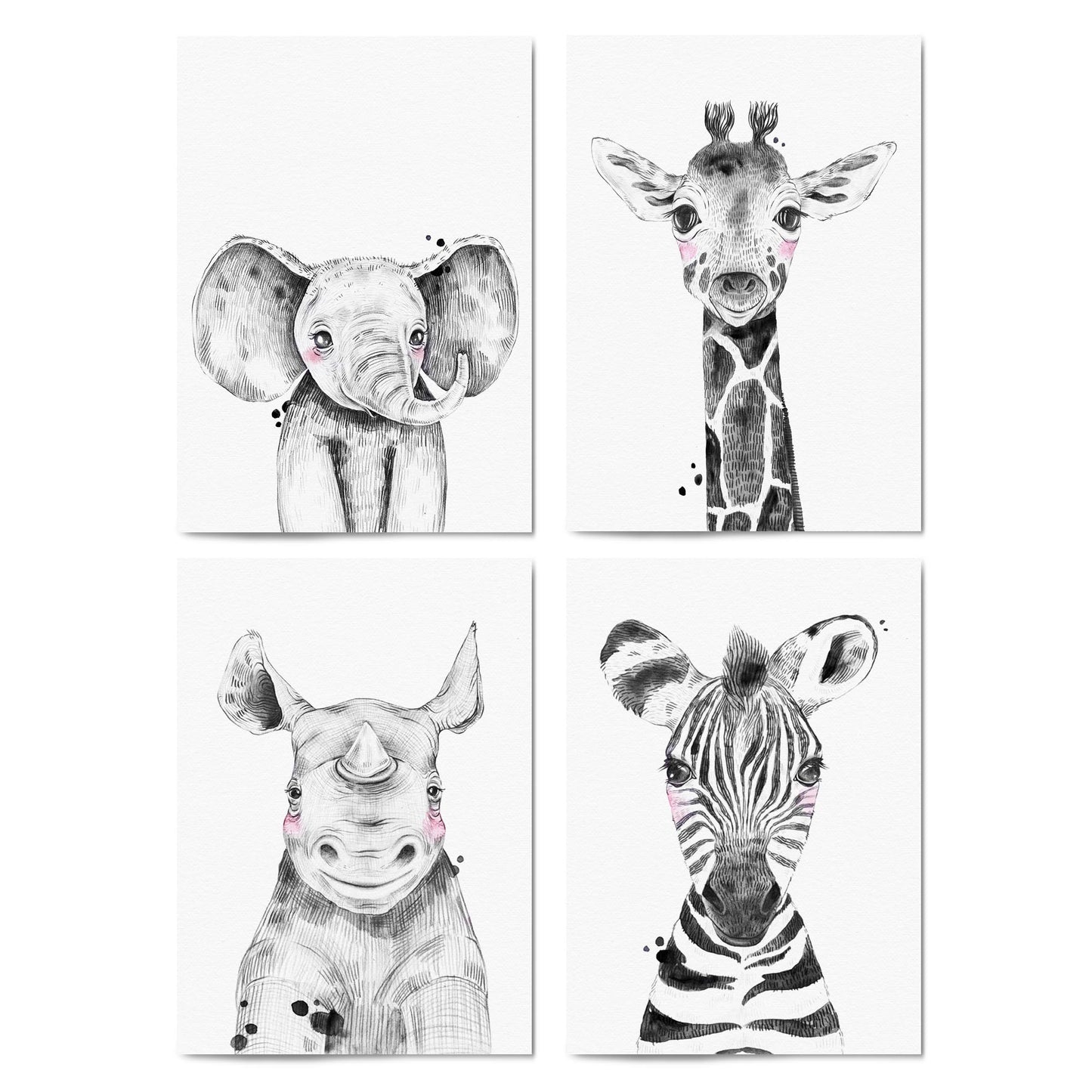 Set of 4 Cute Baby Nursery Safari Animal Drawings Wall Art - The Affordable Art Company