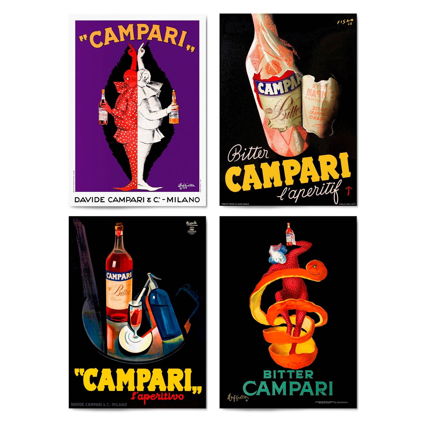 Set of 4 Vintage Italian Campari Drink Advertisements Wall Art - The Affordable Art Company