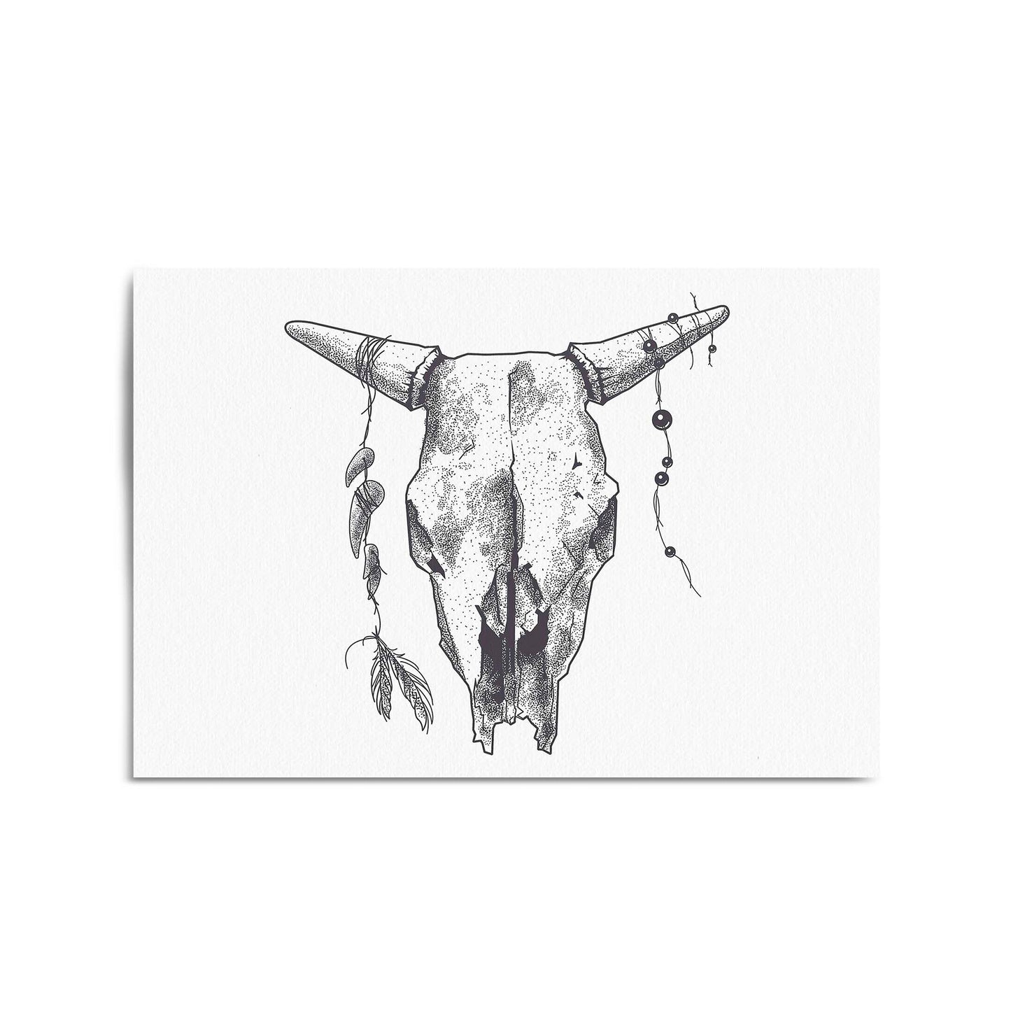 Tribal Cow Skull Drawing Boho Style Wall Art #2 - The Affordable Art Company
