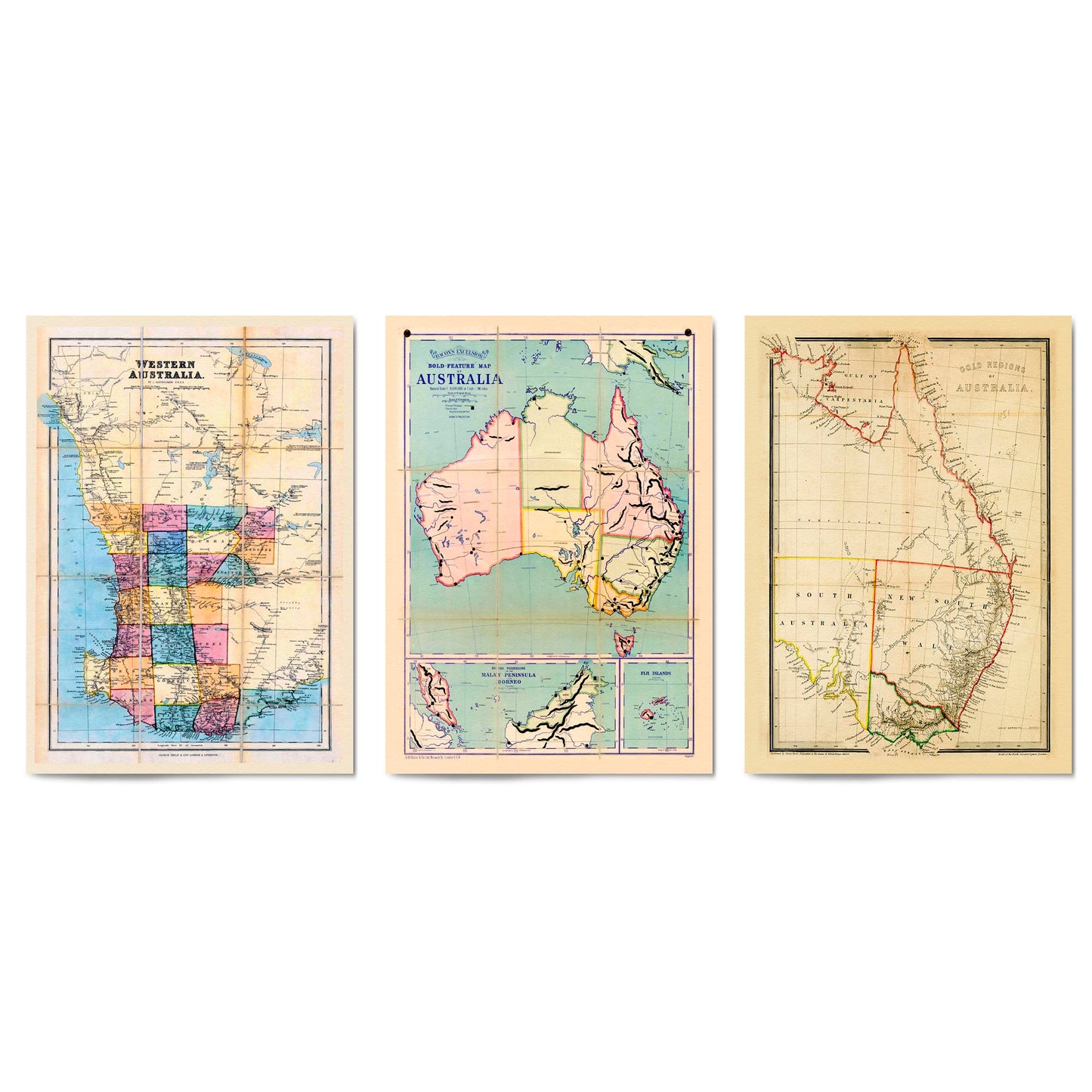 Set of Vintage Old Maps of Australia Wall Art - The Affordable Art Company