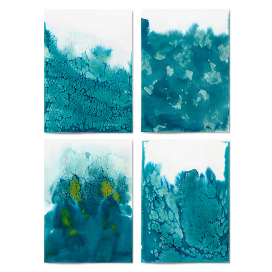 Set of 4 Abstract Blue Ink Wash Minimal Wall Art - The Affordable Art Company