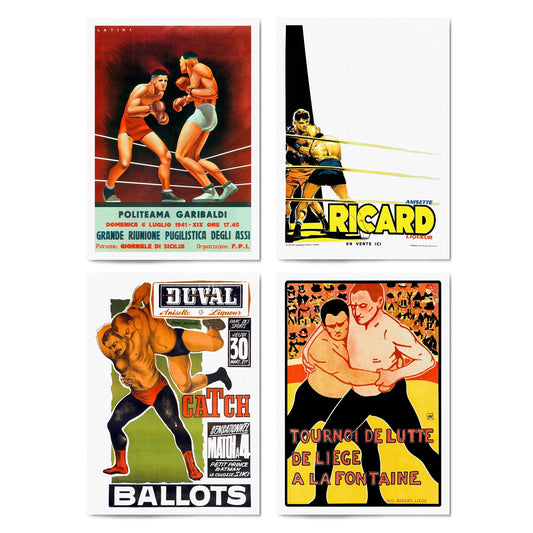 Set of 4 Vintage Boxing and Wrestling Sport Advertisements Wall Art - The Affordable Art Company