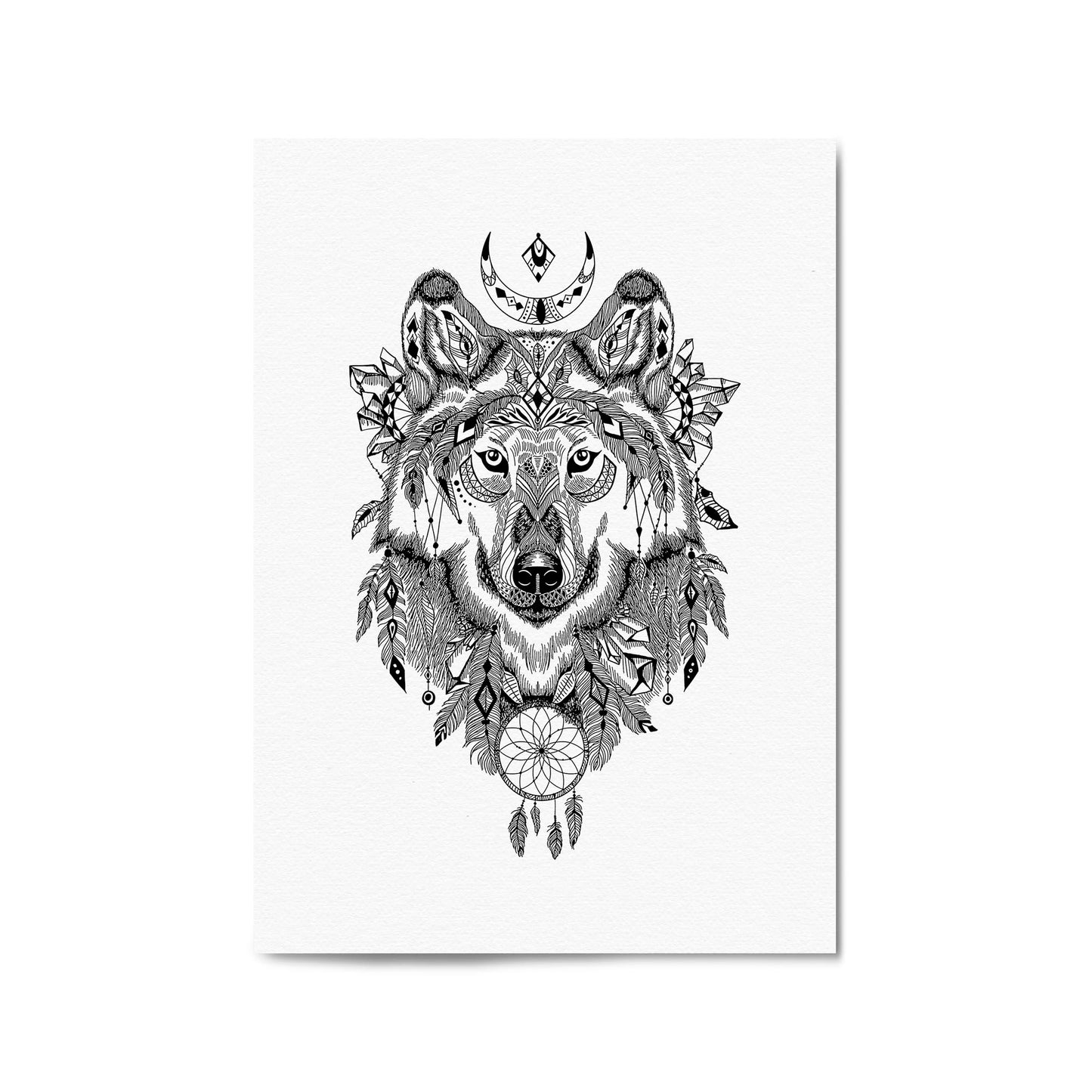 Aztec Wolf Drawing Boho Spirit Animal Wall Art - The Affordable Art Company