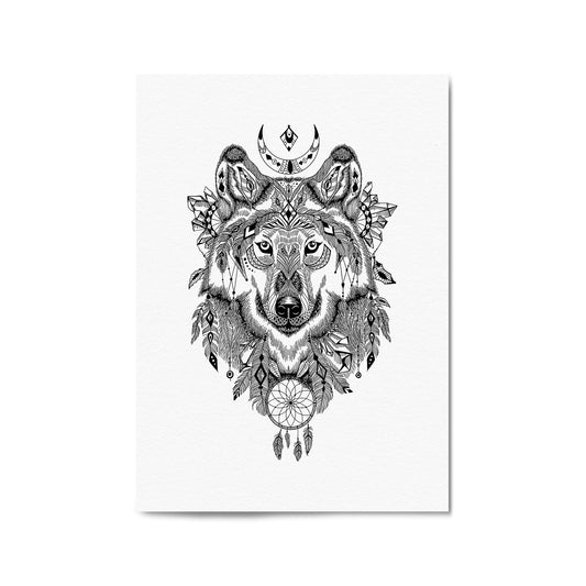 Aztec Wolf Drawing Boho Spirit Animal Wall Art - The Affordable Art Company