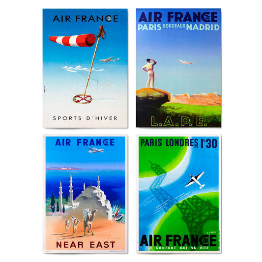 Set of 4 Vintage Air France Travel Advertisements Wall Art - The Affordable Art Company