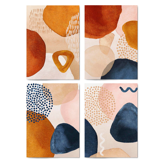 Set of 4 Abstract Painting Blue and Neutral Shapes Wall Art - The Affordable Art Company