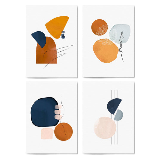 Set of 4 Abstract Shape Blue, Orange and Peach Line Wall Art - The Affordable Art Company