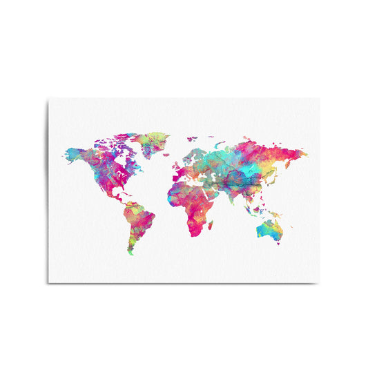 Watercolour World Map Colourful Wall Art - The Affordable Art Company