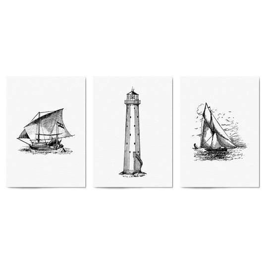 Set of Nautical Coast Drawings Coastal Wall Art #2 - The Affordable Art Company