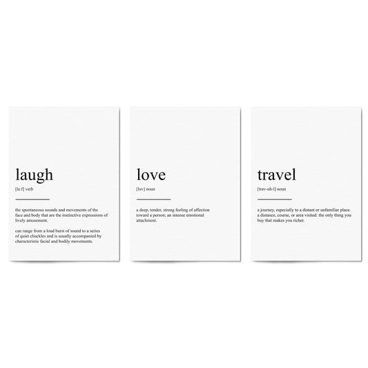 Set of Dictionary Definitions Love Laugh Travel Art - The Affordable Art Company