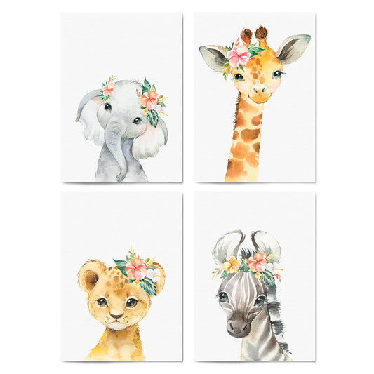 Set of 4 Baby Safari Animal Cute Nursery Paintings Wall Art - The Affordable Art Company