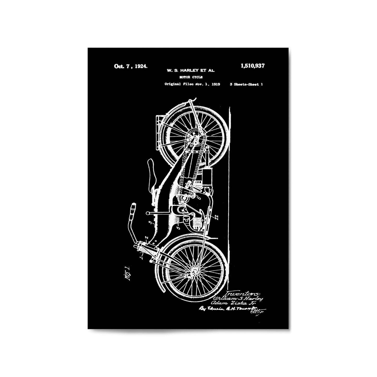 Vintage Harley Motorcycle Patent Black Wall Art #1 - The Affordable Art Company
