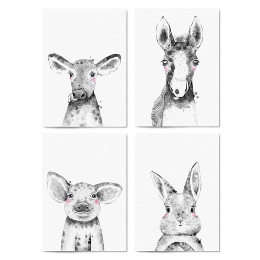 Set of 4 Cute Baby Nursery Country Farm Animal Drawings Wall Art - The Affordable Art Company