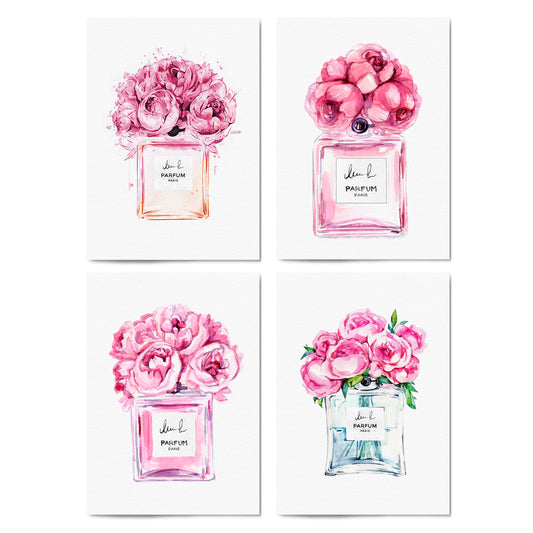 Set of 4 Perfume Bottle Painting Fashion Inspired Bedroom Wall Art - The Affordable Art Company