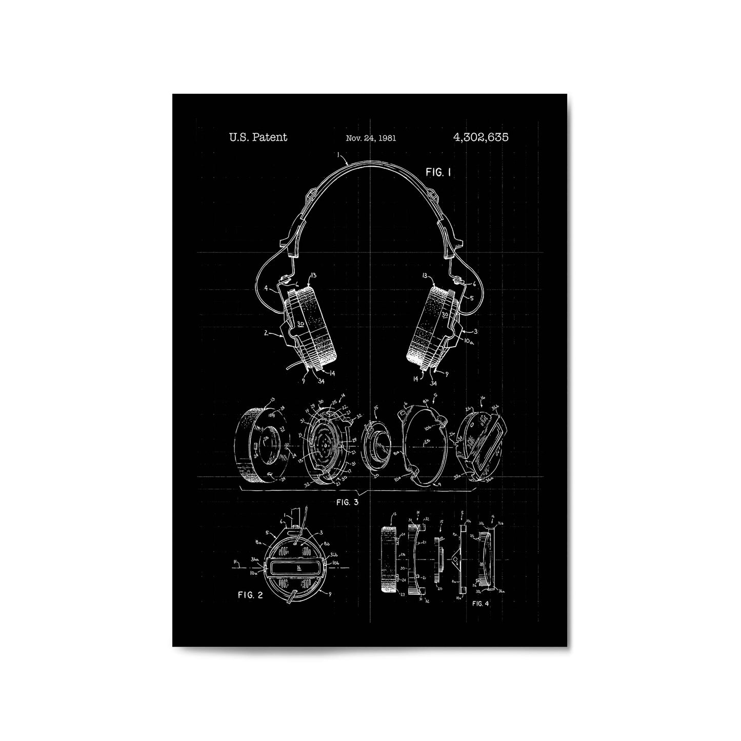 Vintage Music Headphones Black Patent Wall Art #1 - The Affordable Art Company