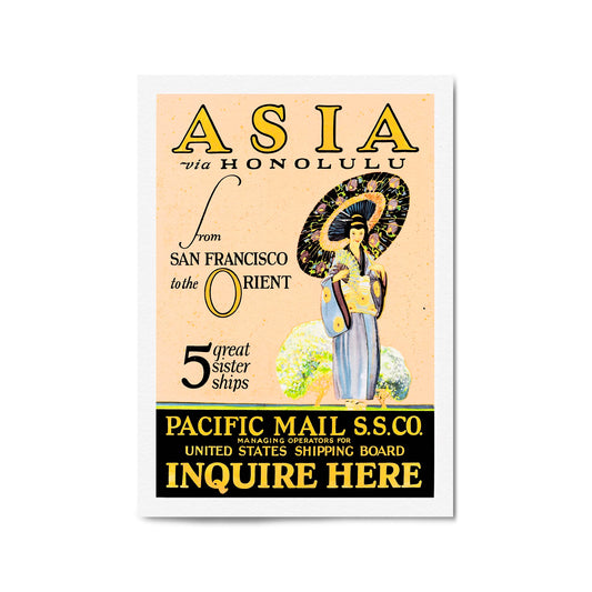 Asia via Honolulu Vintage Travel Advert Wall Art - The Affordable Art Company