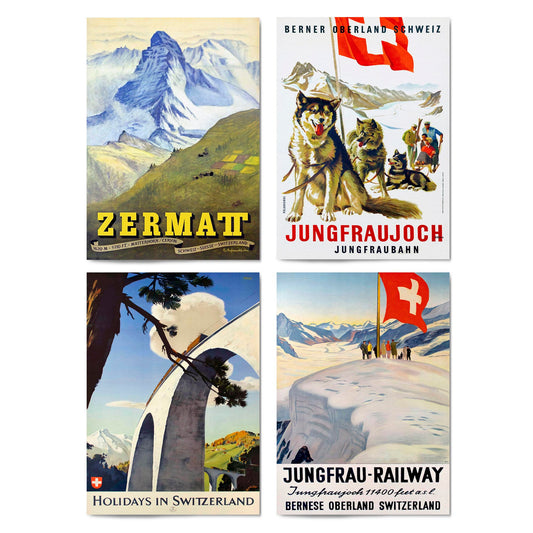 Set of 4 Vintage Switzerland Travel Advertisements Wall Art - The Affordable Art Company