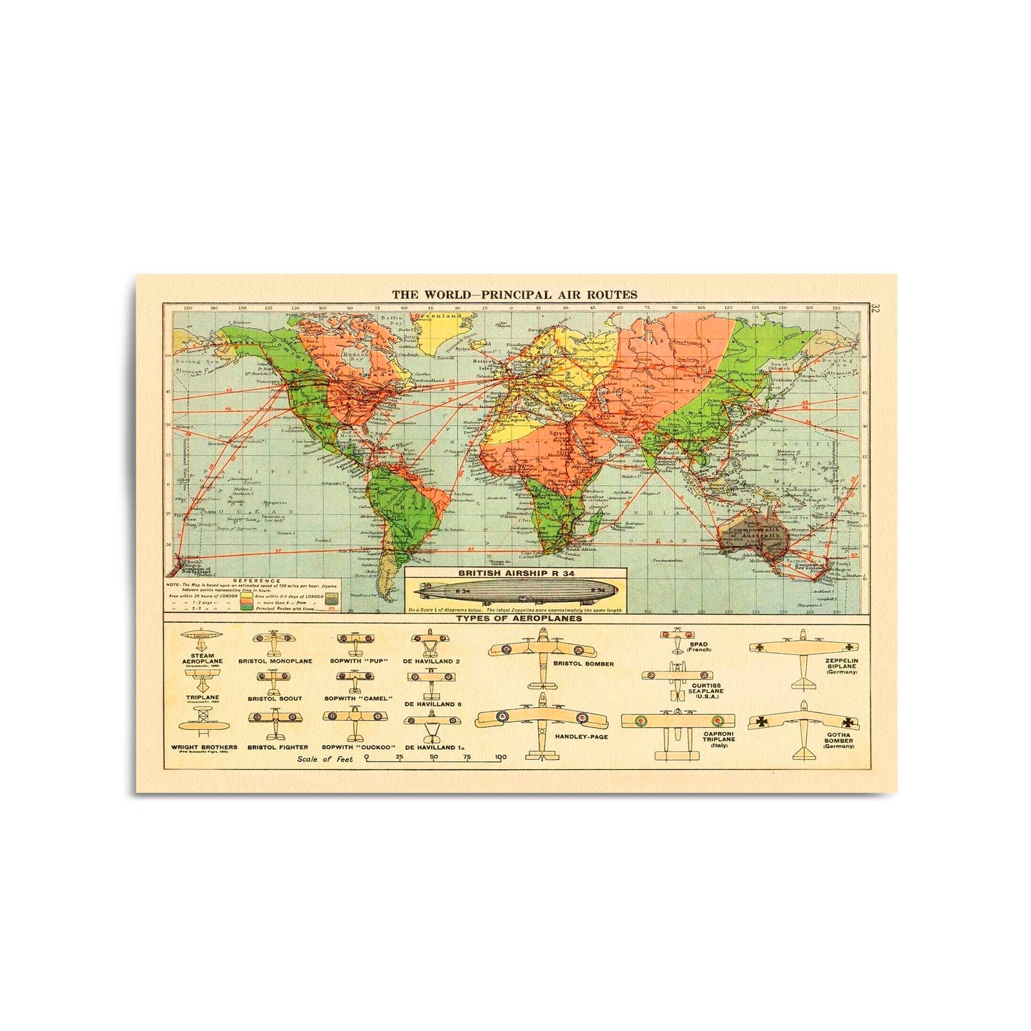 Vintage Air Routes Map Aviation Wall Art - The Affordable Art Company