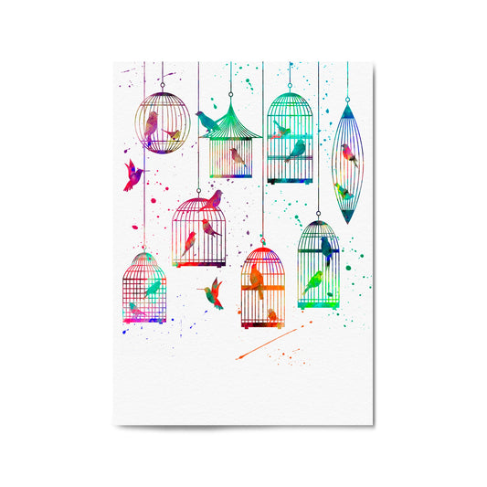 Watercolour Birds in Cages Cute Animal Wall Art - The Affordable Art Company