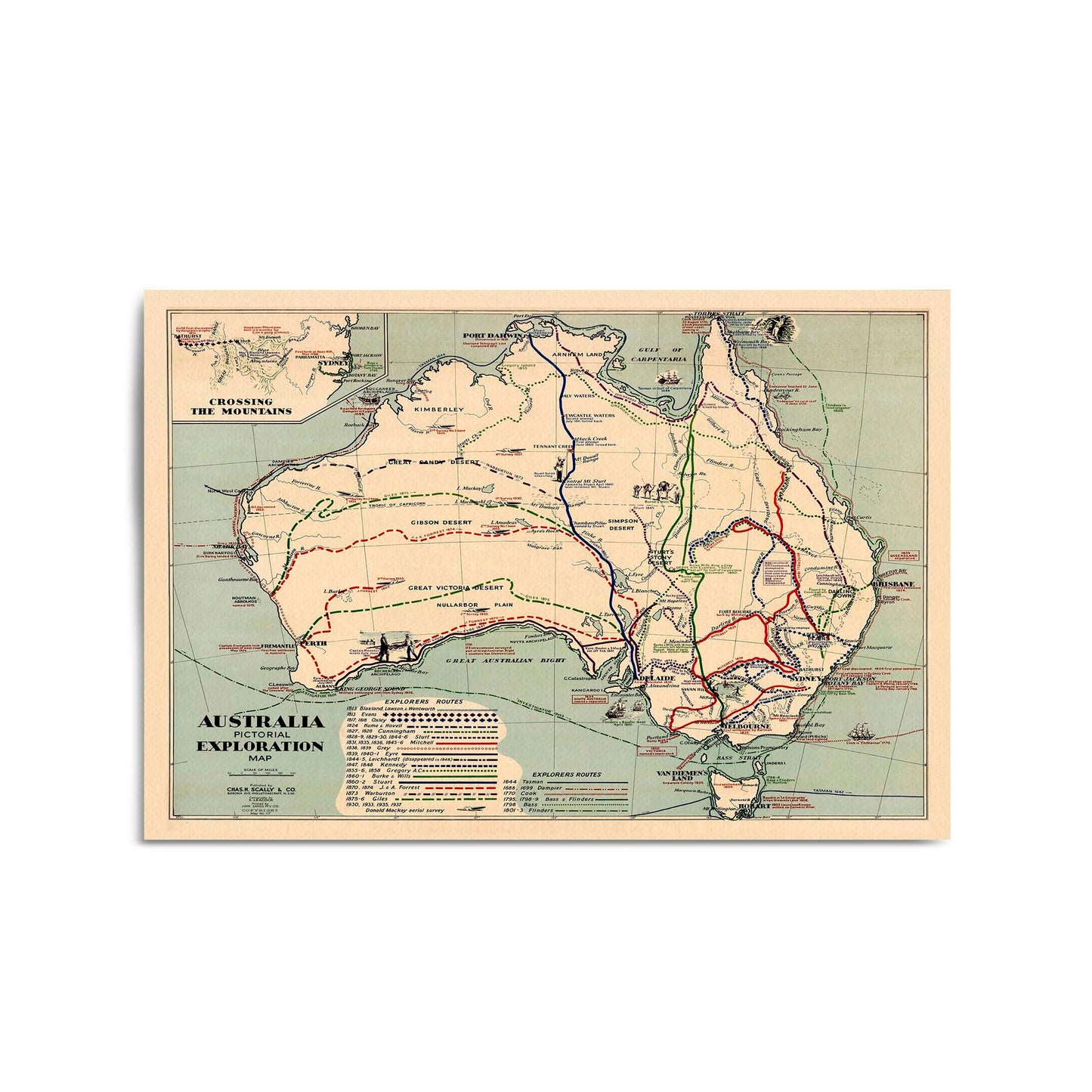 Australia Vintage Exploration Map Old Wall Art - The Affordable Art Company