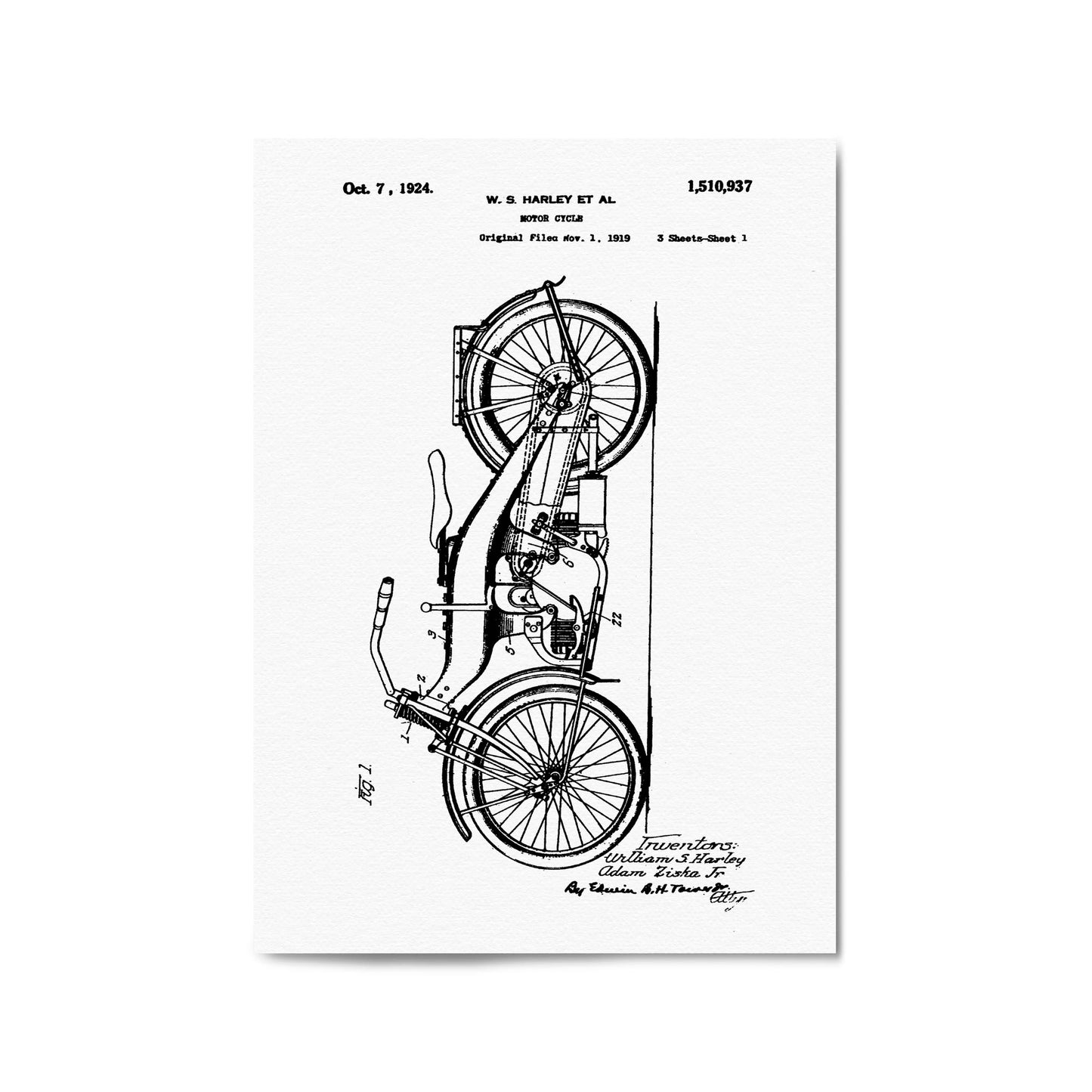 Vintage Harley Motorcycle Patent White Wall Art #2 - The Affordable Art Company