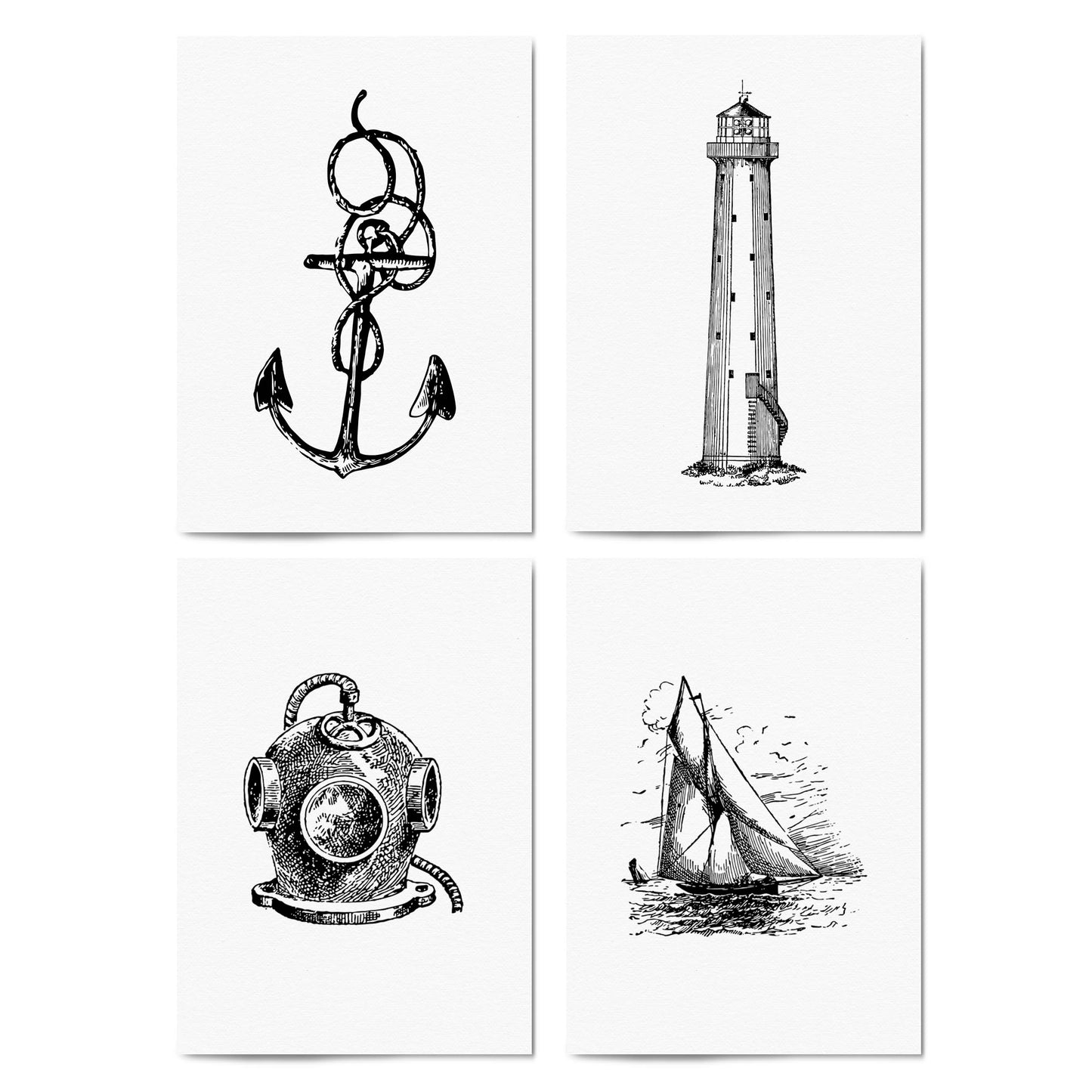 Set of 4 Nautical Drawings Coastal Style Wall Art - The Affordable Art Company