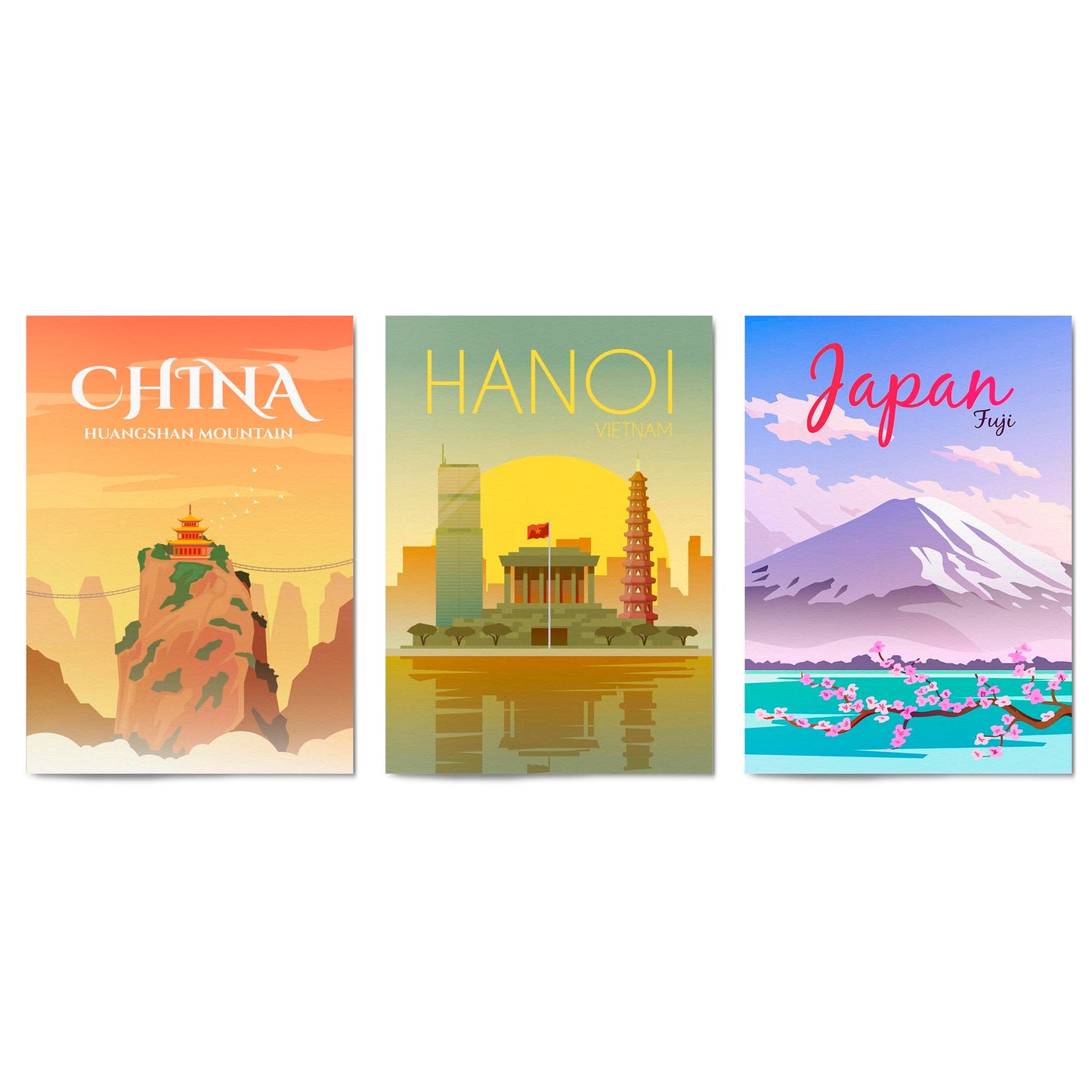 Set of Retro Travel Wall Art (Asian Travel) - The Affordable Art Company