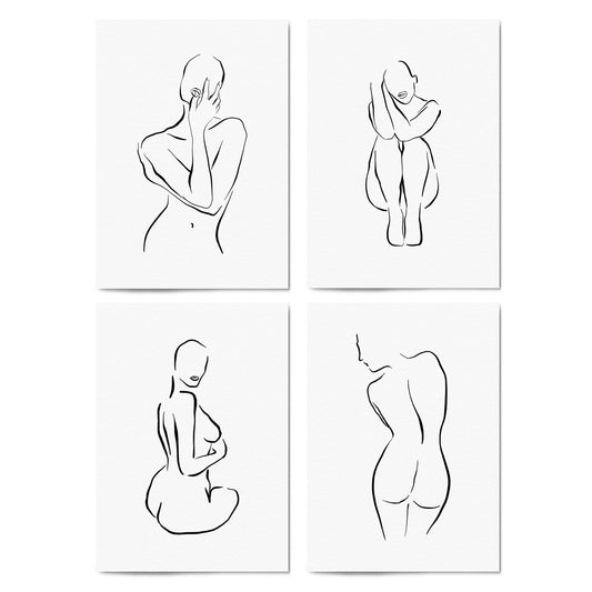 Set of 4 Nude Female Shape Bedroom Minimal Line Art - The Affordable Art Company