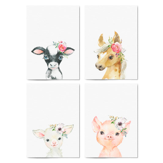 Set of 4 Baby Farm Animal Cute Nursery Paintings Wall Art - The Affordable Art Company