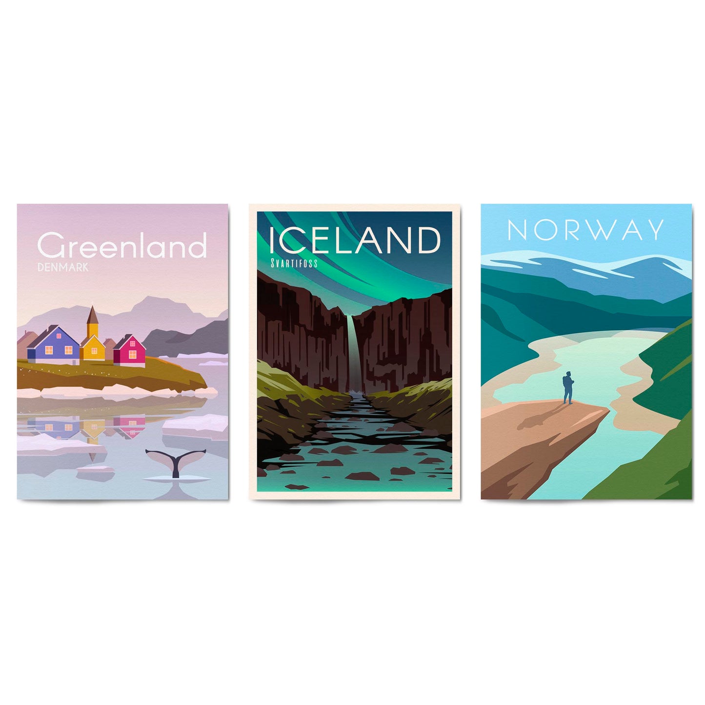 Set of Retro Travel Wall Art (Norway, Iceland, Greenland) - The Affordable Art Company