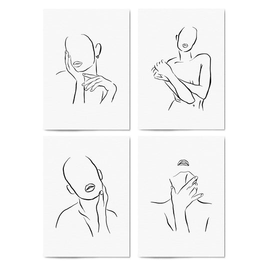 Set of 4 Nude Female Body Shape Line Bedroom Minimal Wall Art - The Affordable Art Company