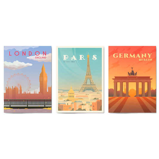 Set of Retro Travel Wall Art (European Travel) - The Affordable Art Company