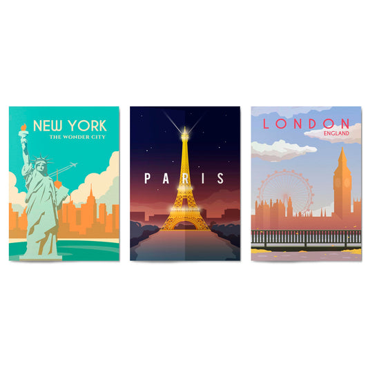 Set of Retro Travel Wall Art (Paris, New York, London) - The Affordable Art Company