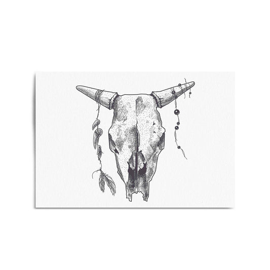 Cow Skull Drawing Minimal Boho Vintage Wall Art #1 - The Affordable Art Company