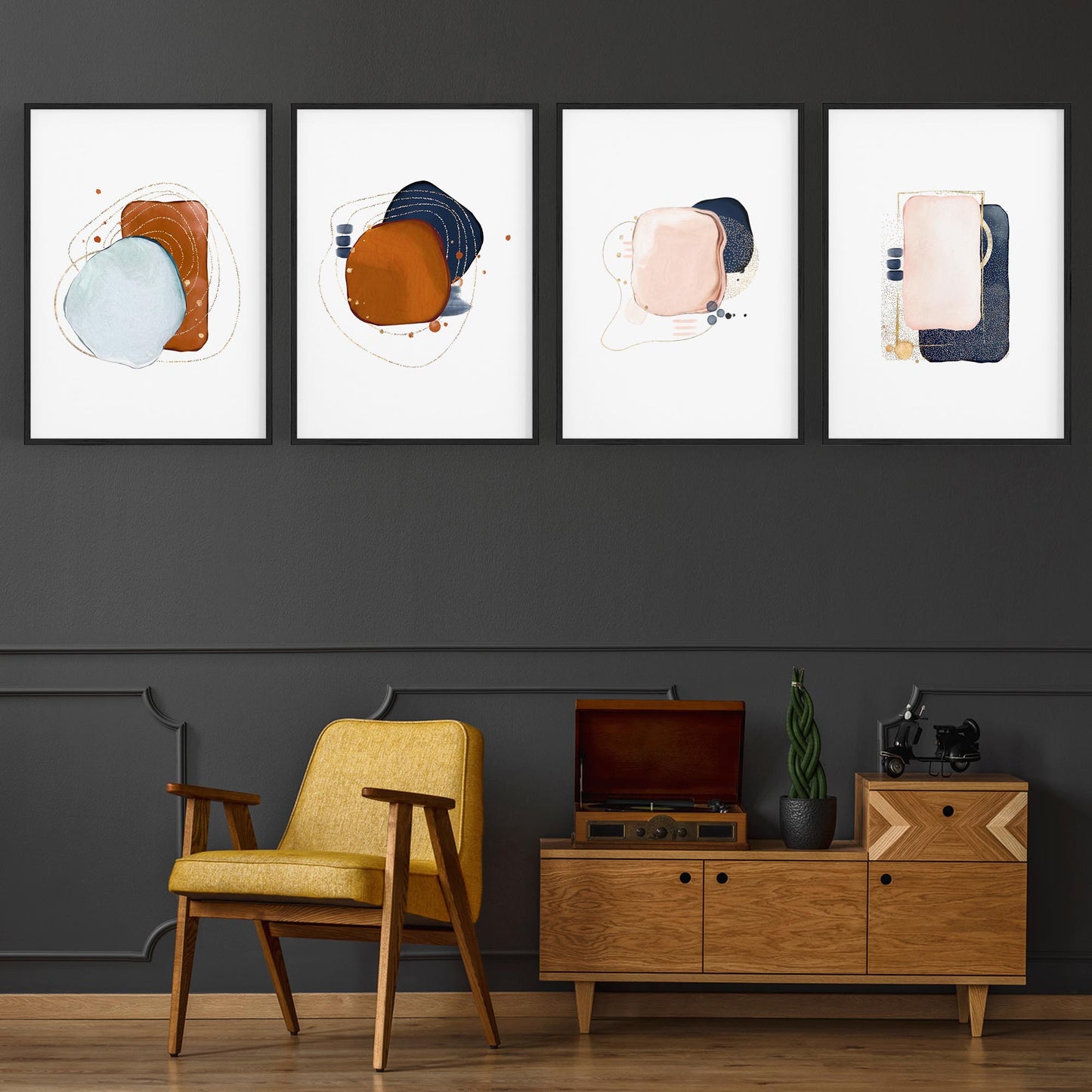 Set of 4 Abstract Blue, Orange and Peach Minimal Wall Art - The Affordable Art Company