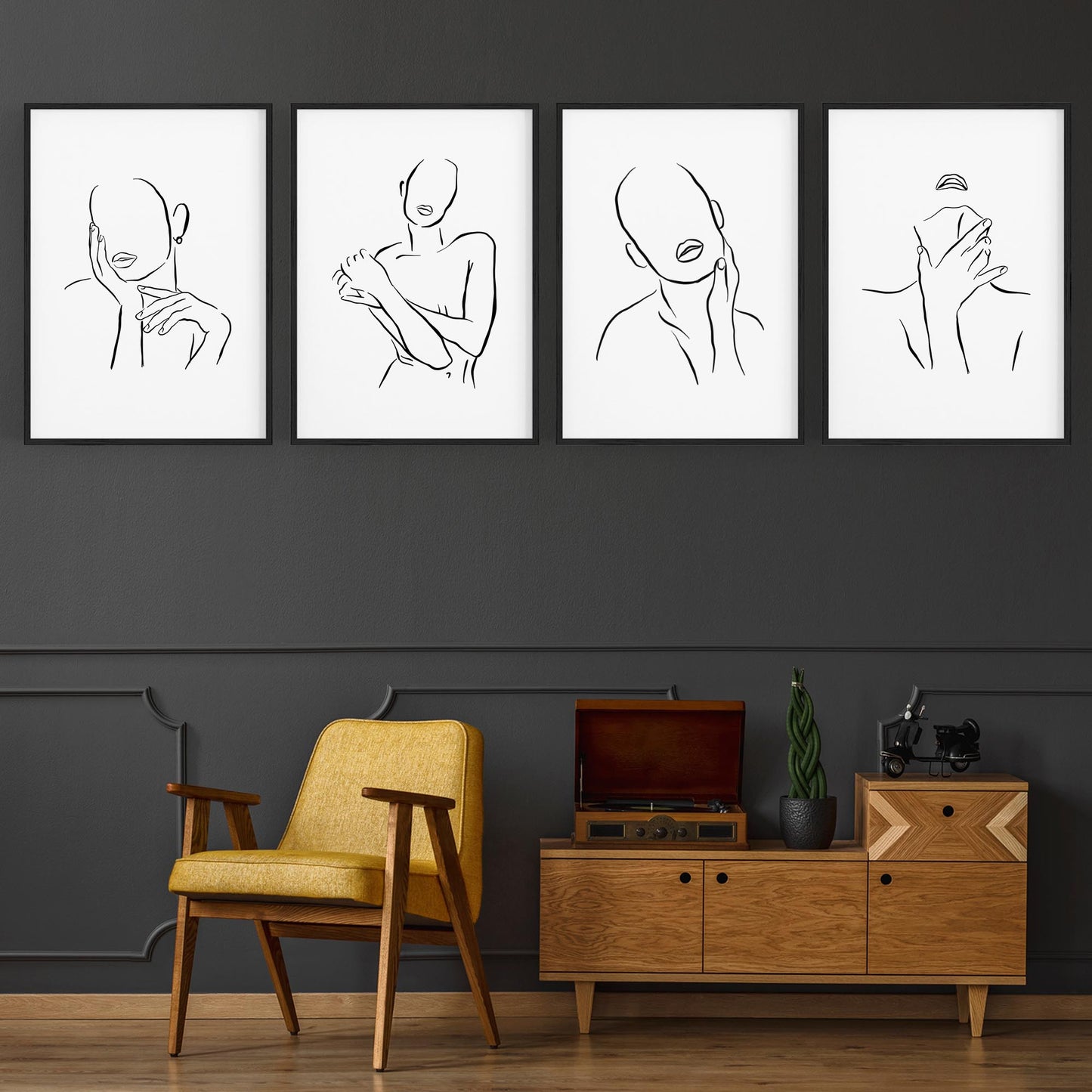 Set of 4 Nude Female Body Shape Line Bedroom Minimal Wall Art - The Affordable Art Company