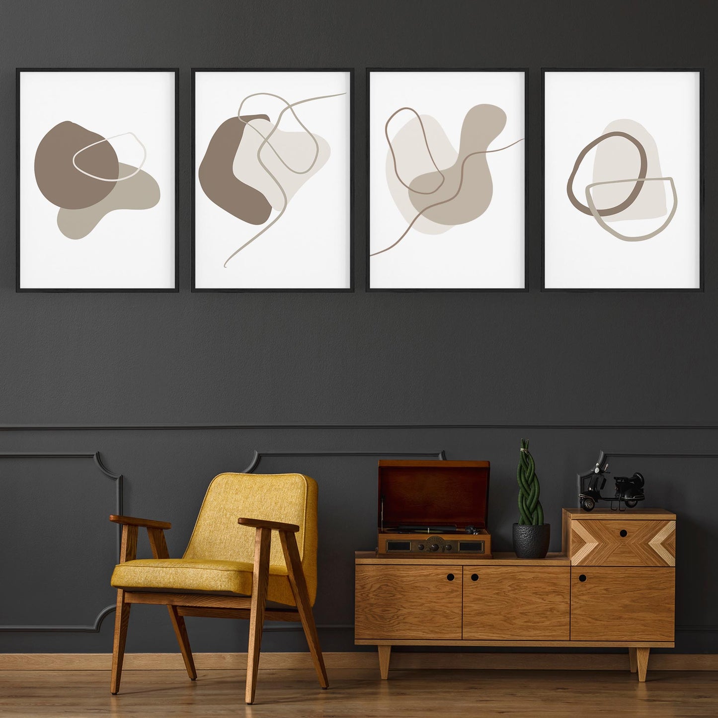 Set of 4 Minimal Abstract Grey Shapes and Lines Wall Art - The Affordable Art Company