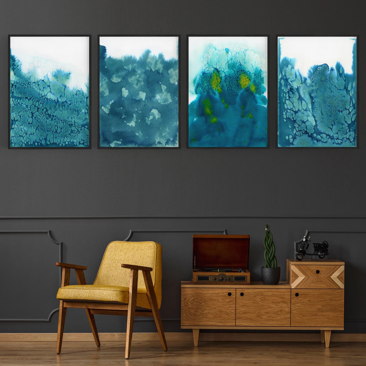 Set of 4 Abstract Blue Ink Wash Minimal Wall Art - The Affordable Art Company