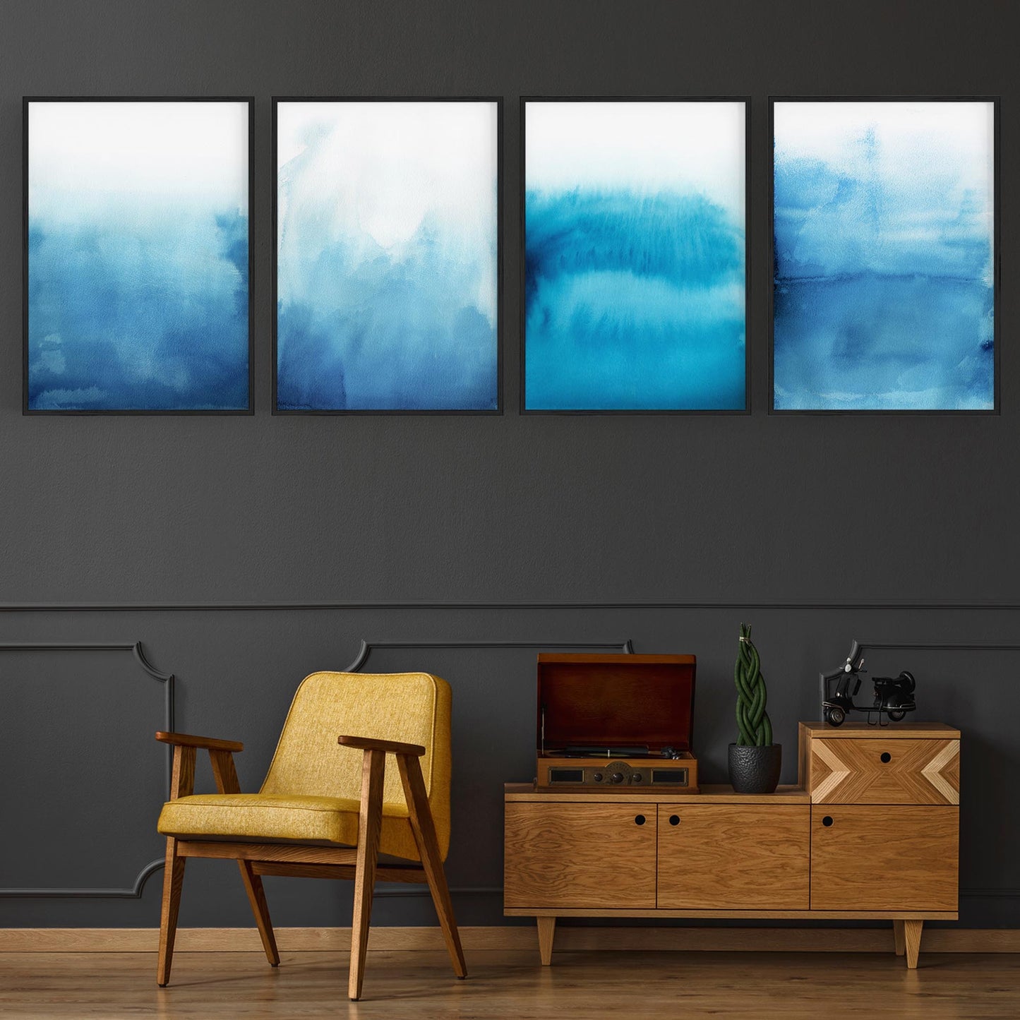 Set of 4 Abstract Blue Ink Wash Minimal Wall Art - The Affordable Art Company