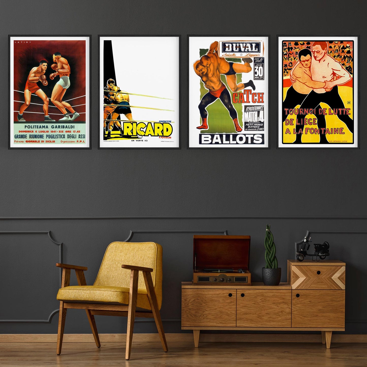 Set of 4 Vintage Boxing and Wrestling Sport Advertisements Wall Art - The Affordable Art Company