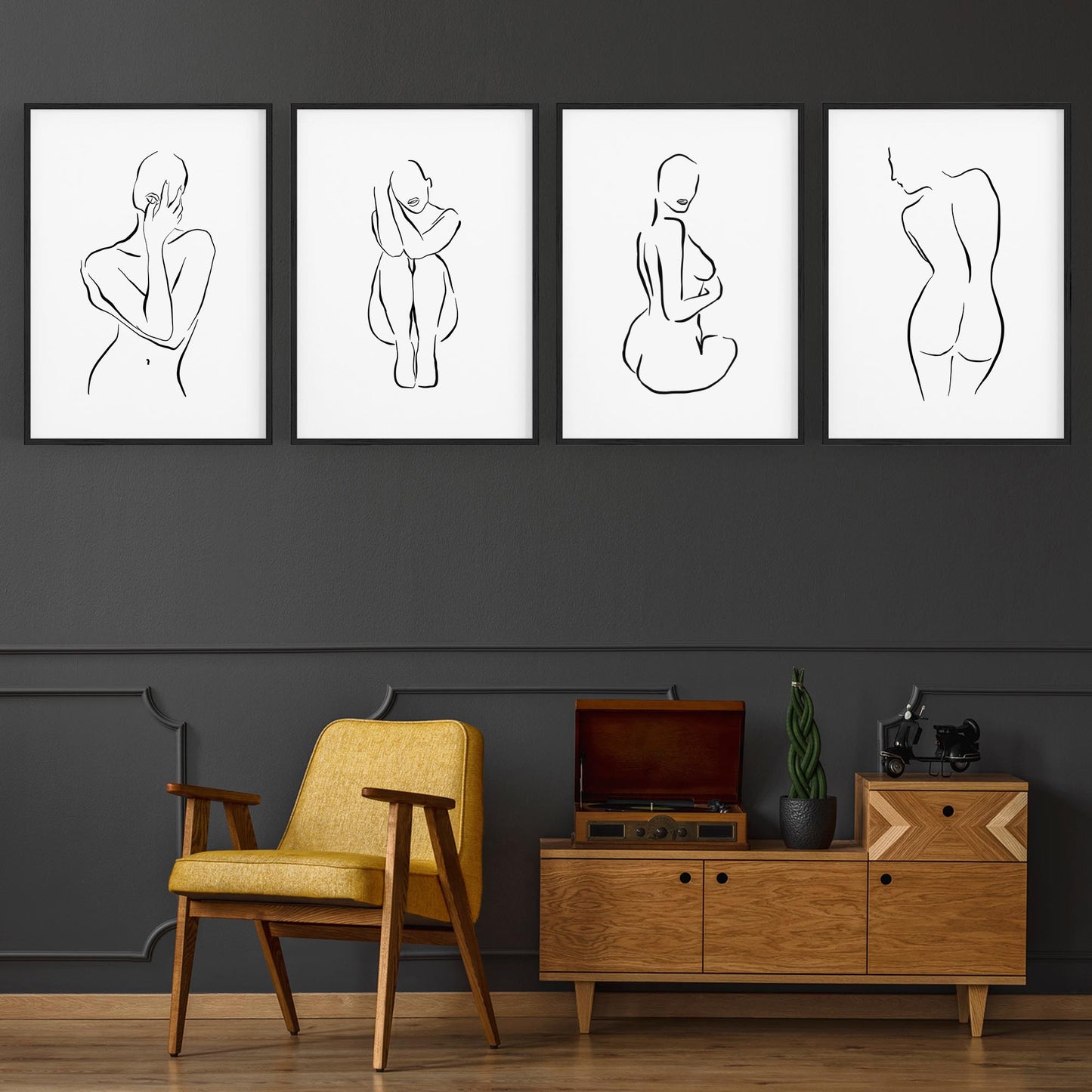 Set of 4 Nude Female Shape Bedroom Minimal Line Art - The Affordable Art Company