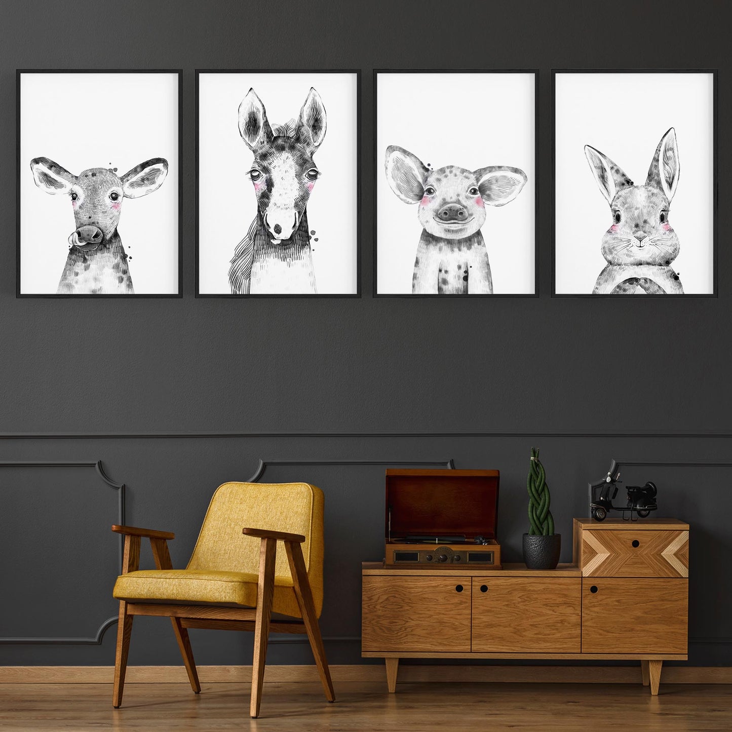 Set of 4 Cute Baby Nursery Country Farm Animal Drawings Wall Art - The Affordable Art Company