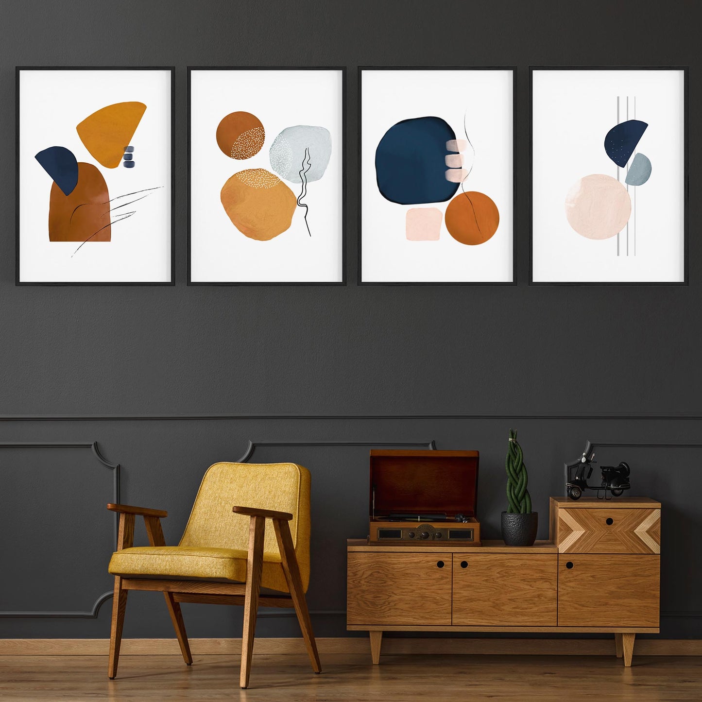 Set of 4 Abstract Shape Blue, Orange and Peach Line Wall Art - The Affordable Art Company