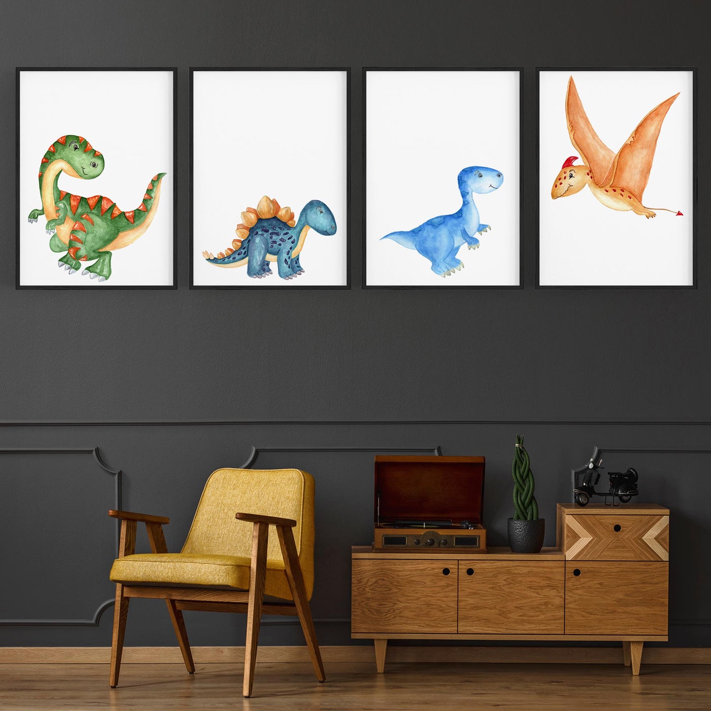 Set of 4 Cute Dinosaur Nursery Paintings Wall Art - The Affordable Art Company