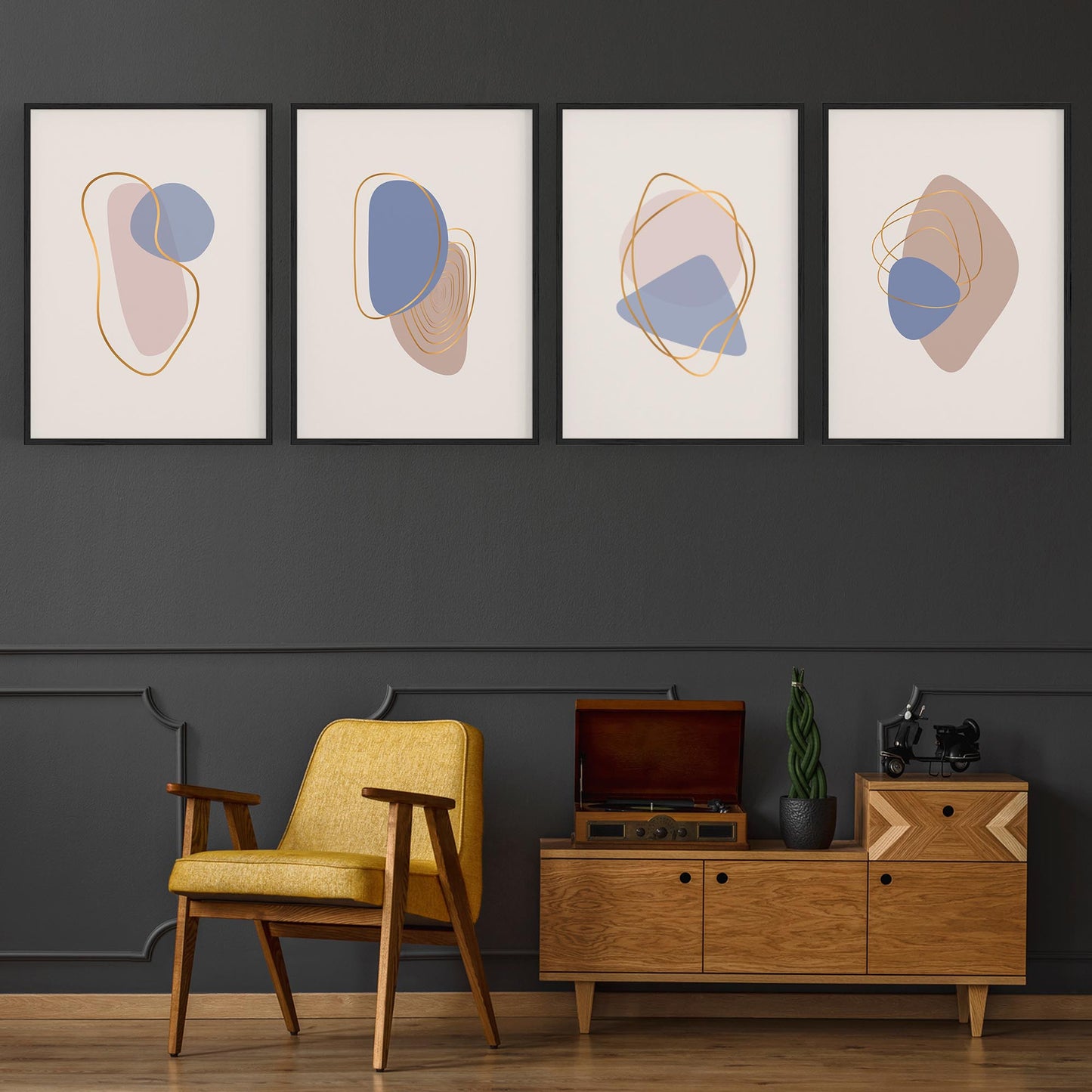 Set of 4 Abstract Neutral and Pastel Minimal Shape Wall Art - The Affordable Art Company