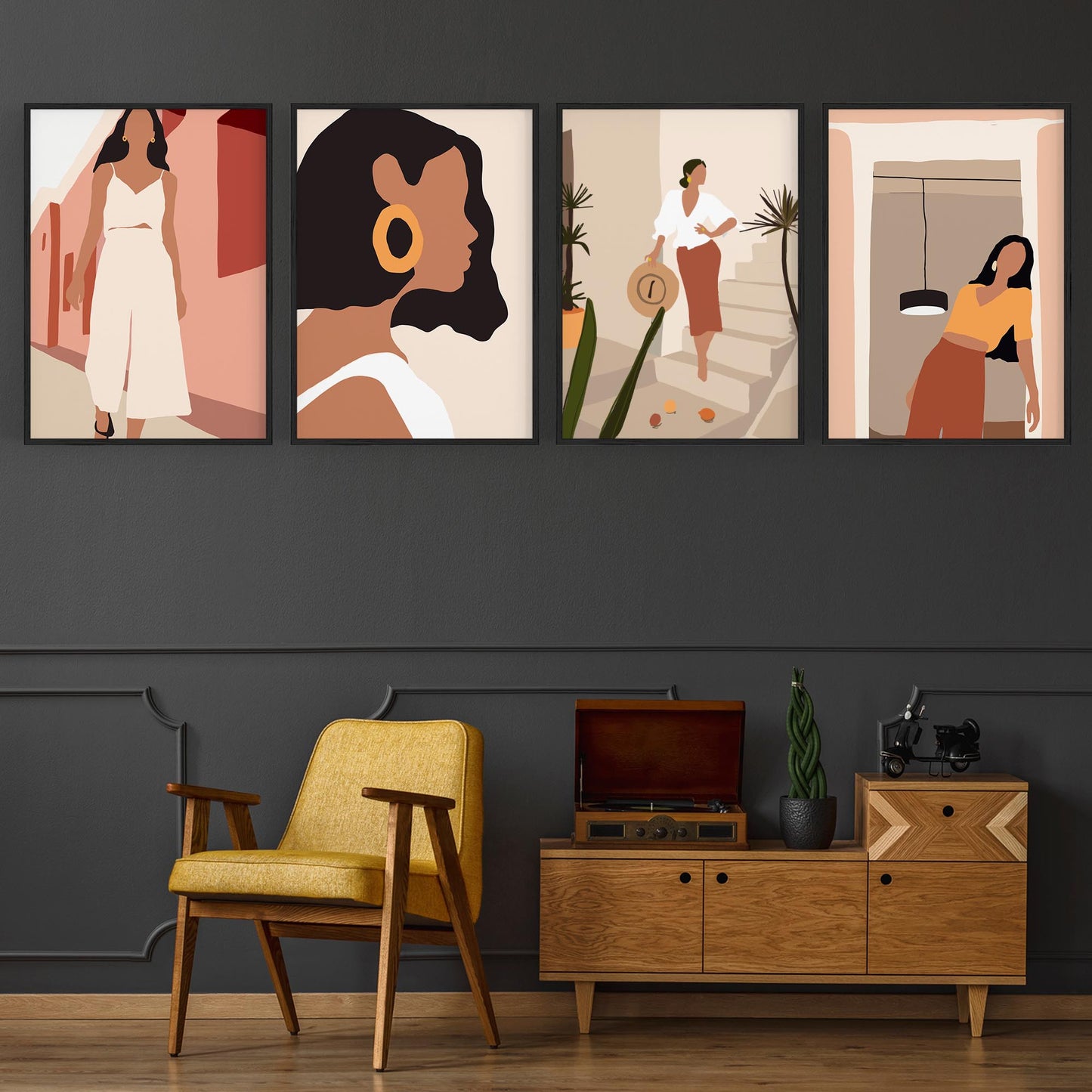 Set of 4 Retro Fashion Girl's Bedroom Minimal Wall Art - The Affordable Art Company