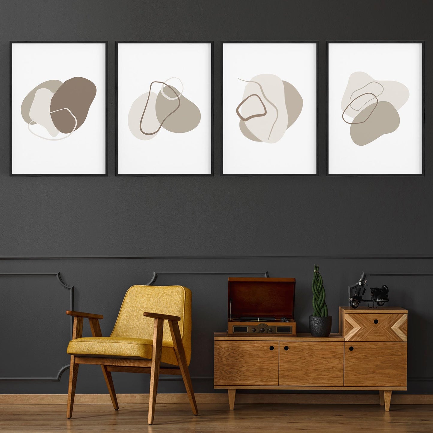 Set of 4 Abstract Grey Minimal Line and Shape Wall Art - The Affordable Art Company