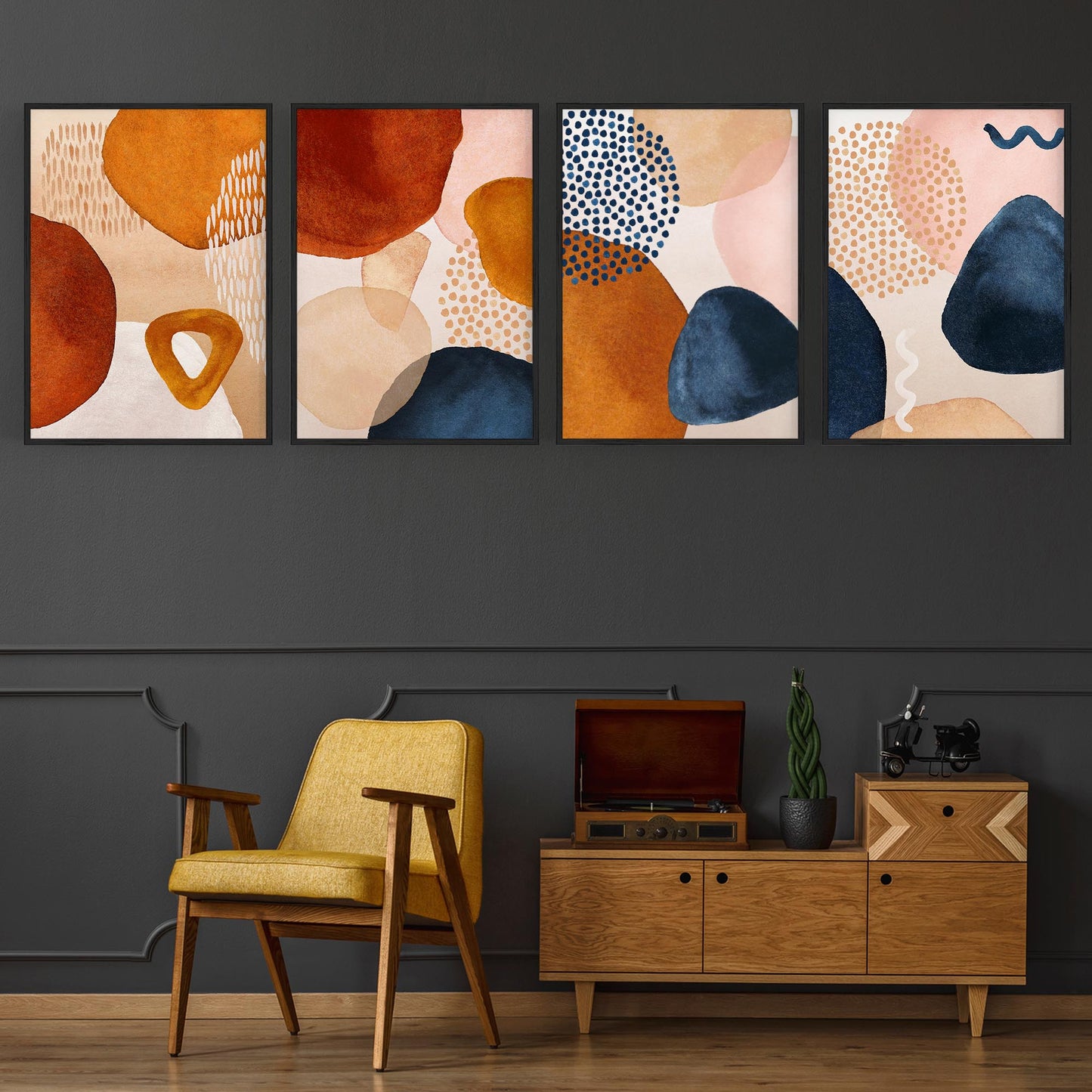 Set of 4 Abstract Painting Blue and Neutral Shapes Wall Art - The Affordable Art Company
